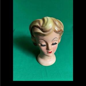 Vintage Enesco blonde lady head vase long neck planter